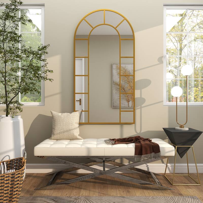 Black or Gold Metal Window Pane Inspired Room Wall Mirror with Arched Top