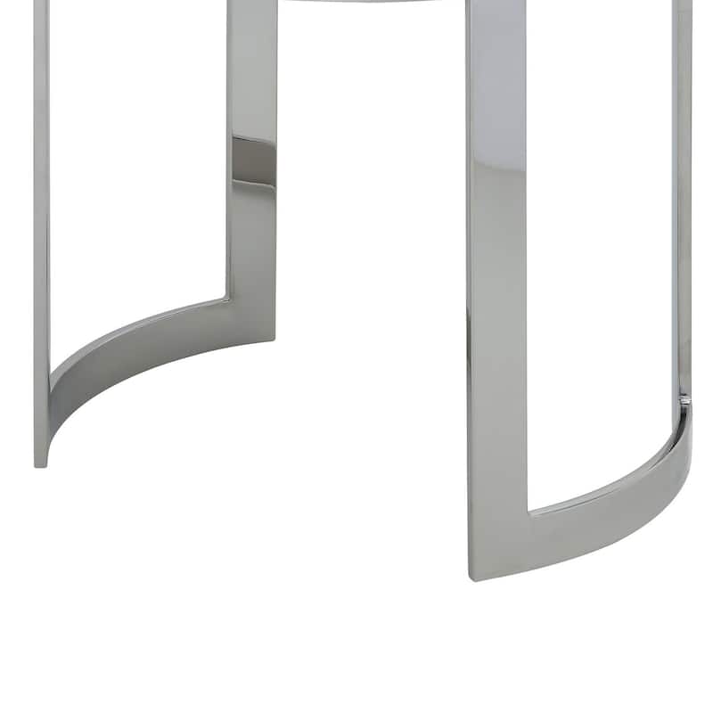 Niyo 19 Inch Accent Stool Ottoman, Round Seat, White Faux Leather, Silver