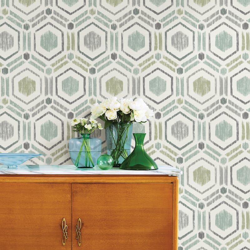 Needles, Borneo Light Geometric Grasscloth, 33 FT. L x 20.5In. W Wallpaper Roll - Light Green