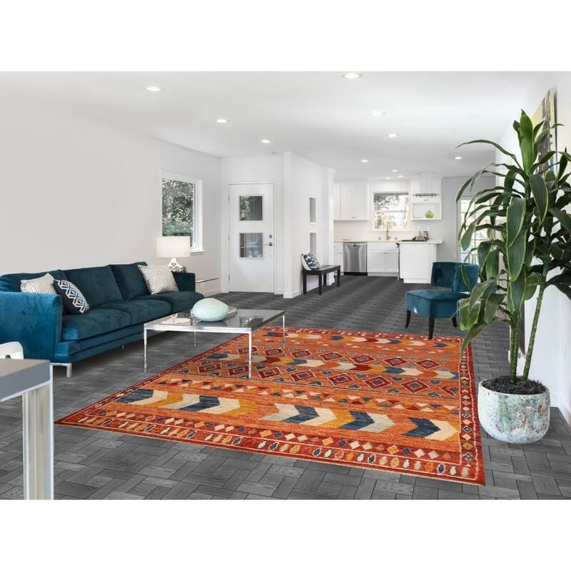 Orange Tribal Geometric Moroccan Rug Hand-Knotted Wool Carpet - 6'7" x 9'6"