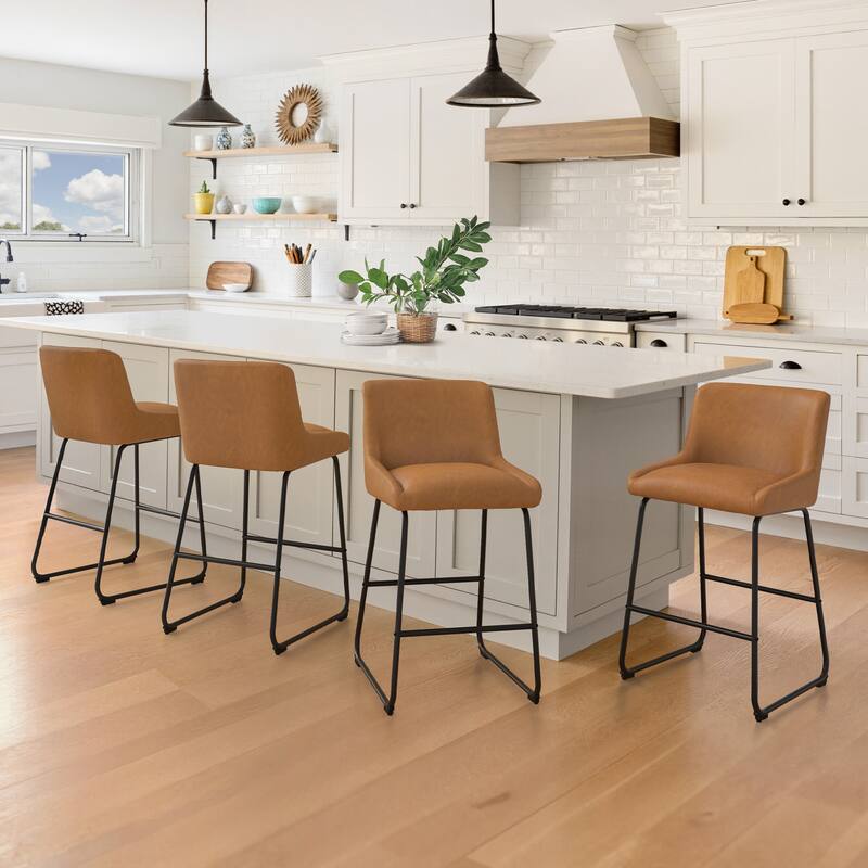 Counter Height Bar Stools with Metal Frame Upholstered Kitchen Island Stool in Faux Leather or Fabric - Brown/Faux leather - Set of 4