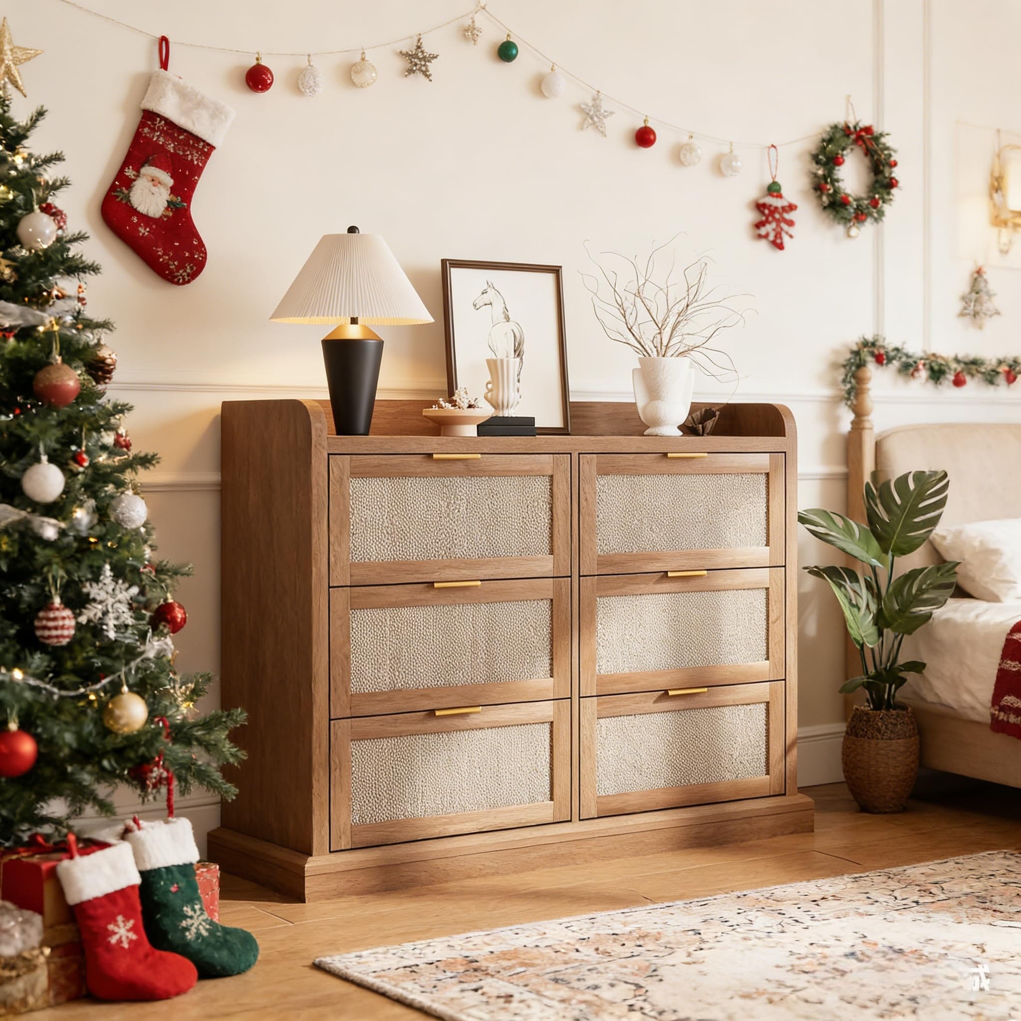 Farmhouse 6 Drawer Dresser for Bedroom, Rattan Chest of Drawers with Storage,Large Dresser Chest of Drawers with Gold Handle