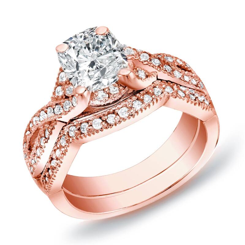 Auriya 14k Gold 1ctw Vintage Cushion-cut Diamond Engagement Ring Set