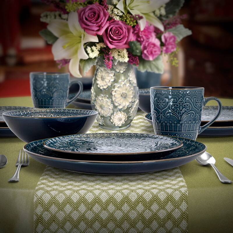 Intricate Emobssed Pattern in Deep Blue Round Stoneware Dinnerware Set 16 Pieces