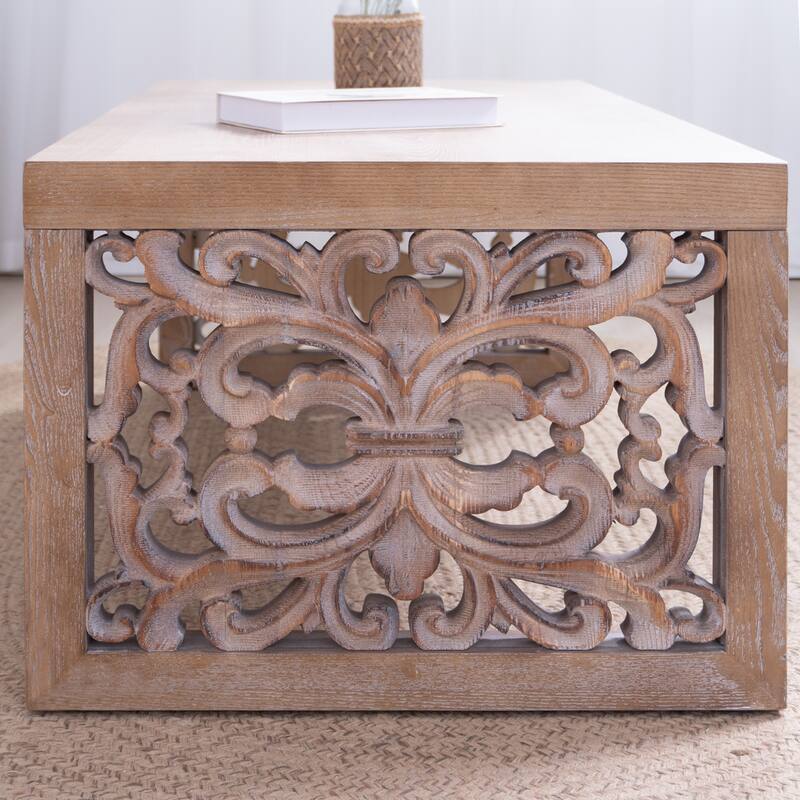 47.2" Carved Wood Coffee Table - Handcrafted Look with Ornate Side Panels