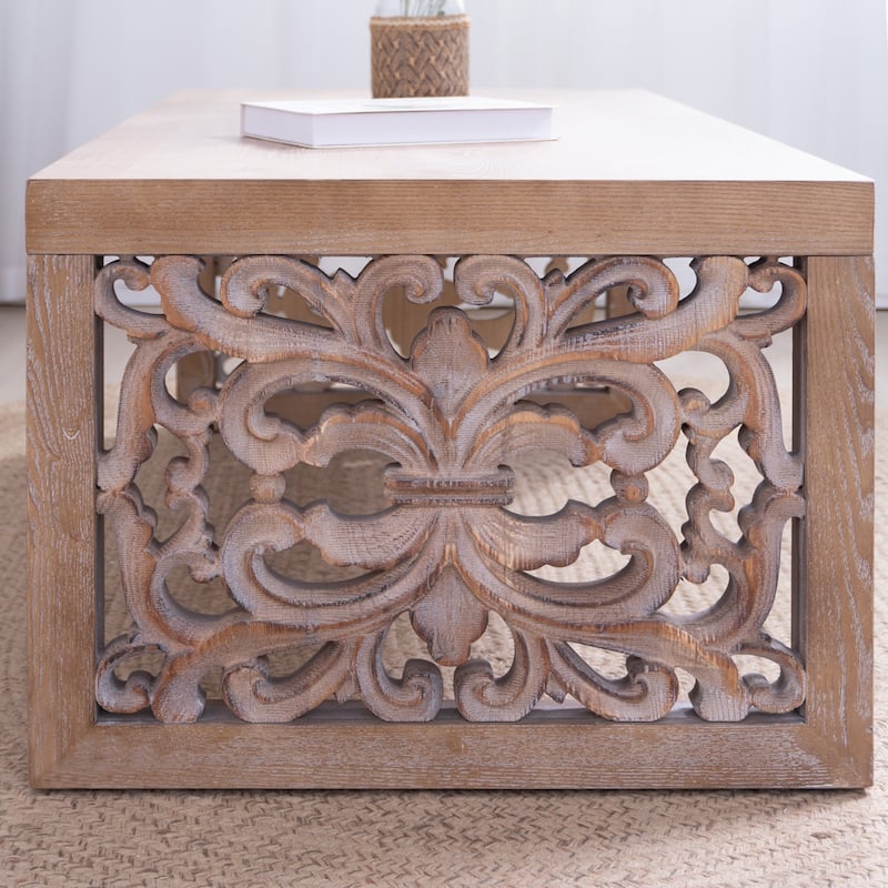 Rustic Carved Wood Coffee Table Dining Table with Ornate Side Panels, Handcrafted Accent Table End Table