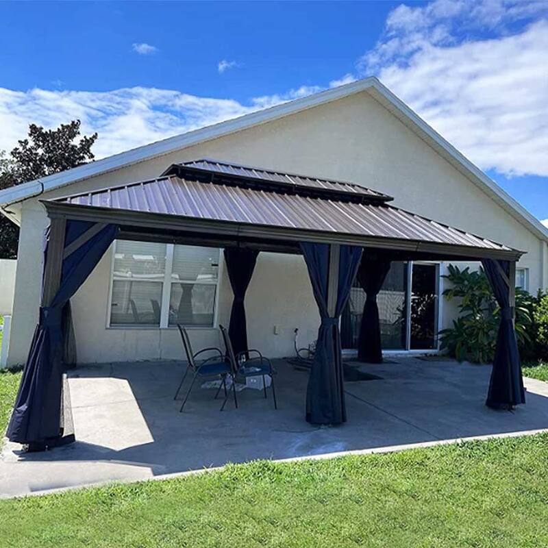 PURPLE LEAF Outdoor Hardtop Gazebo with Bronze Aluminum Frame Galvanized Steel Roof - 12ft x 20ft - Navy