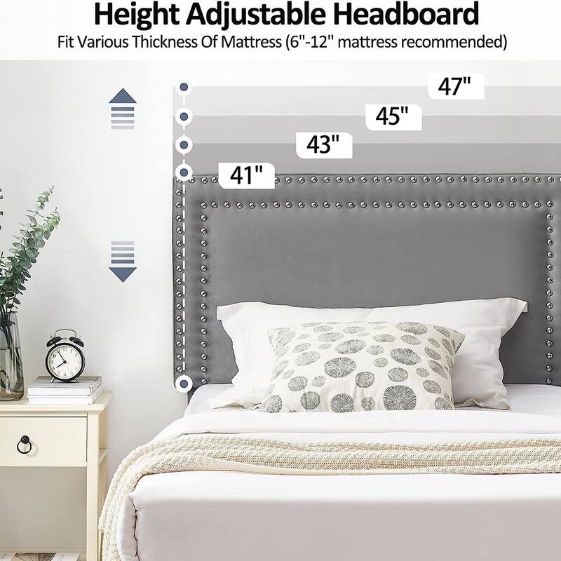 VECELO 3-Pieces Upholstered Platform Bed Frame with Adjustable Headboard and Nightstands Set of 2, Grey