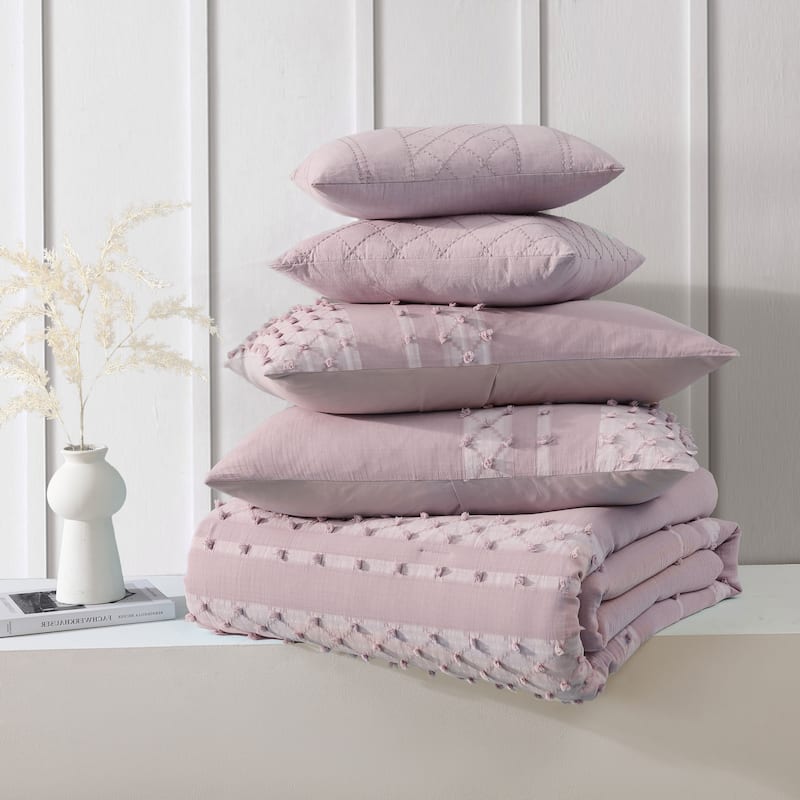Swift Home Layla Cotton Pom Pom Clipped Tufted Jacquard 5-Piece Bedding Comforter Set