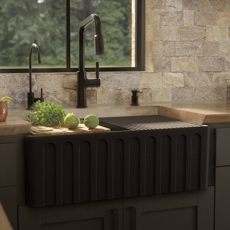 Karran 30" Single Bowl Workstation Fireclay Kitchen Sink with Reversible Fluted Apron Front