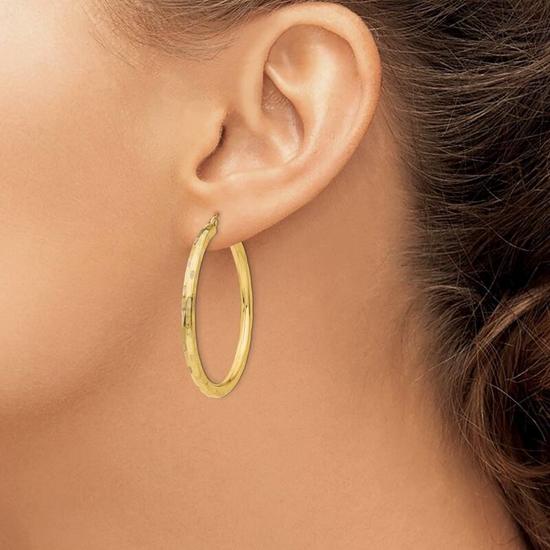 Curata 14k Yellow Gold Textured Checkerboard 40x3mm Hoop Earrings