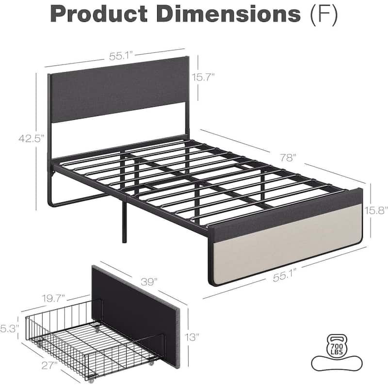 Bed Frame with 2 Storage Drawers Upholstered Platform Bed Frame