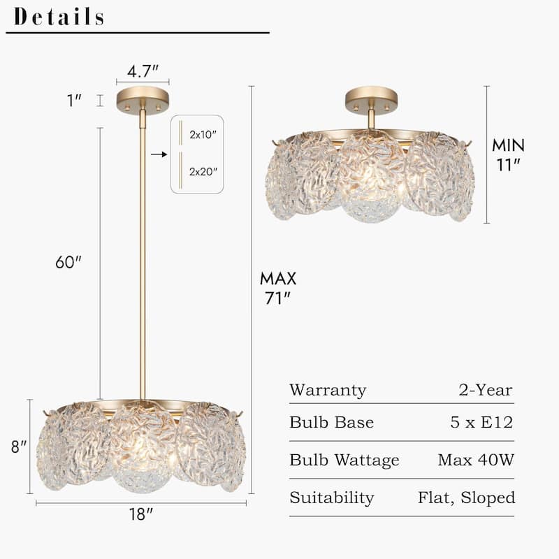 Modern Glam 5-Light Gold Drum Chandelier Glass Pendant Lights for Dining Room