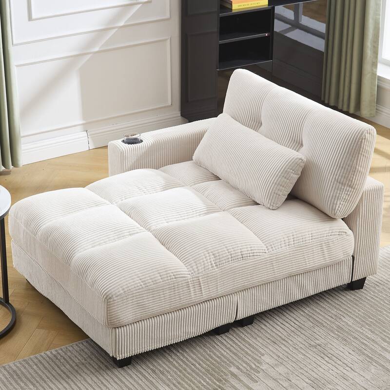 Oversized Corduroy Upholstered Single Chaise Lounge Sofa Couch Switchable Armrest with Cup Holders, USB Ports and Pockets - Beige