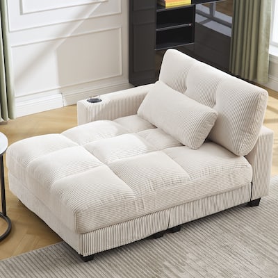 Oversized Corduroy Upholstered Single Chaise Lounge Sofa Couch Switchable Armrest with Cup Holders, USB Ports and Pockets