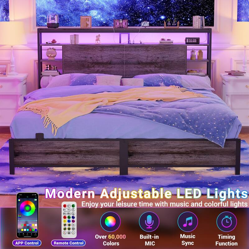Headboards with Storage Shelves, Head Board with Power Outlet and LED Light for Bed Frame