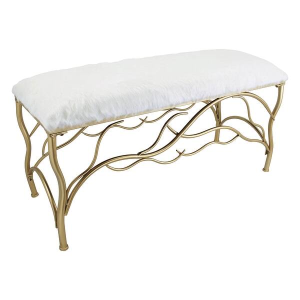 Cheung's Home White Faux Fur and Gold Metal Vanity Bench Bed Bath