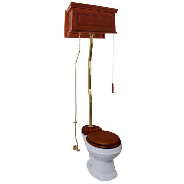 High Tank Toilet Elongated White Bowl Mahogany Tank Brass | Renovator's Supply