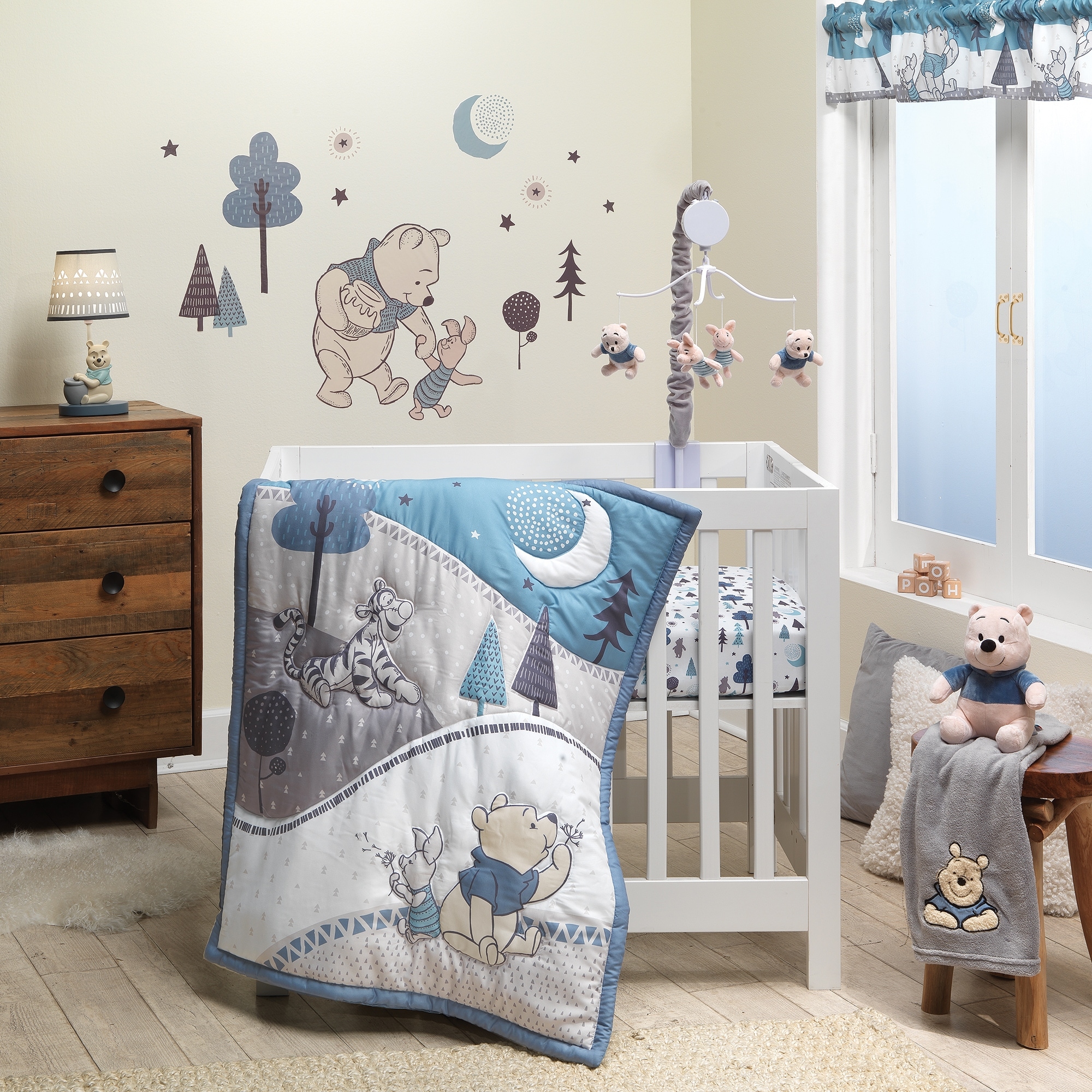 Lambs & Ivy Disney Baby Forever Pooh Blue/Gray 3-Piece Mini Crib Bedding Set