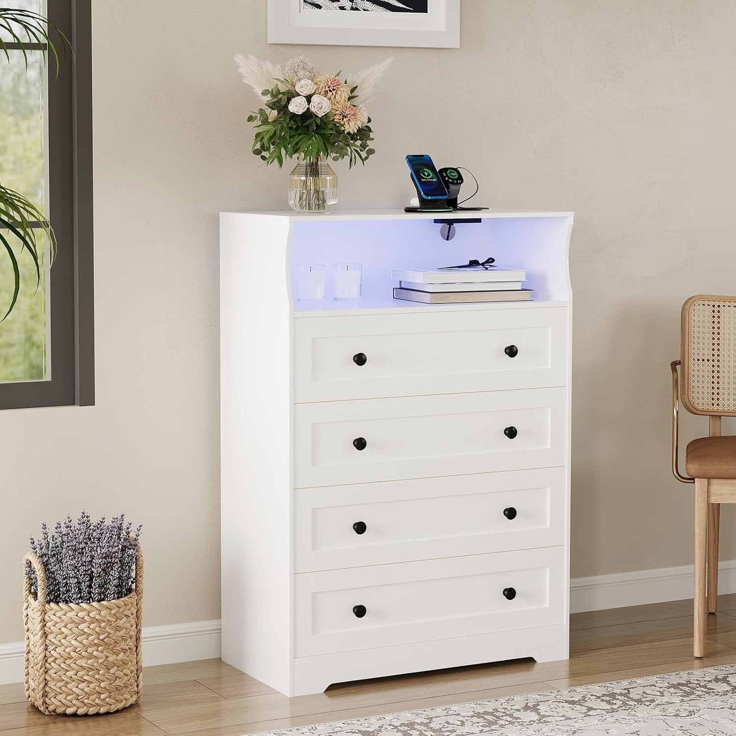 Wooden Dresser with Charging Station & LED Lights for Bedroom Closet Nursery Living Room Hallway Nightstand
