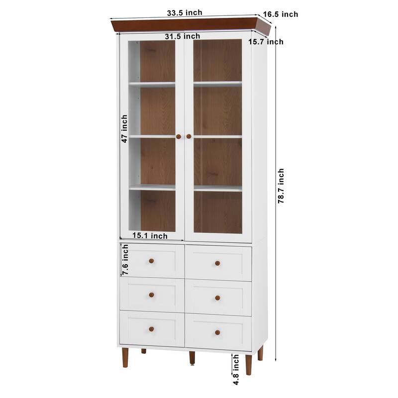 White MDF Display Storage Cabinet,Tall Kitchen Pantry Cabinets with Glass Doors and Adjustable Shelves,Freestanding