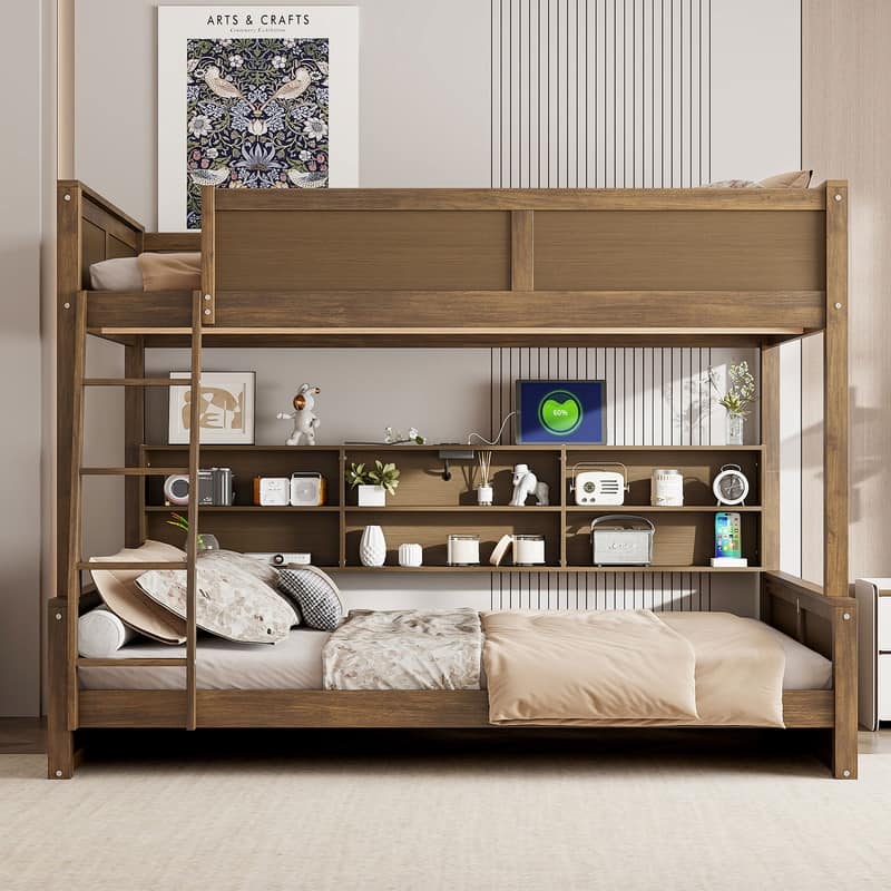 Full XL over Queen Bunk Bed with Storage Cabinets and USB Ports