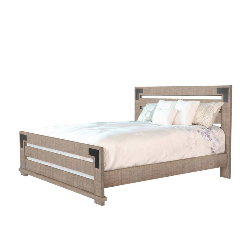 Desy Queen Size Platform Bed, Slatted Headboard, Farmhouse Light Brown