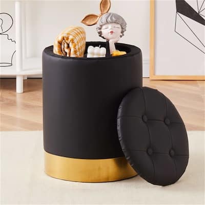 Faux Leather Round Storage Ottoman Foot Stool with Gold-Plated Base