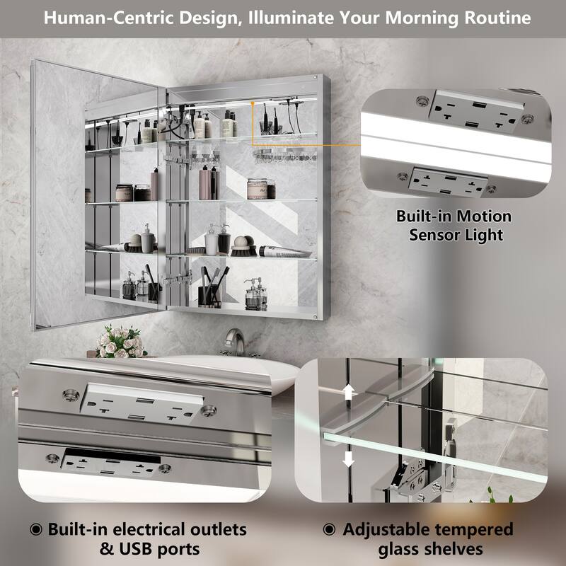 Rectangular Aluminum Recessed/Surface Mount Frameless Anti-Fog Medicine Cabinet with Dimmable LED Lights