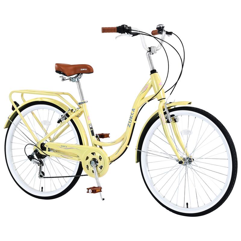 26 Inch Comfort Road Cycling Bicycle, 7 Speed Single Speed Steel Bike with Dual Brakes and Shocks Design for Kids & Teens - Cream