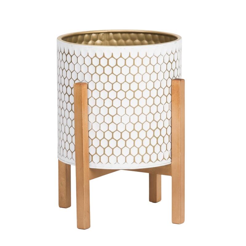Honeycomb Mid-Century Modern Indoor Metal Pot Planter with 4-Leg Wood Base