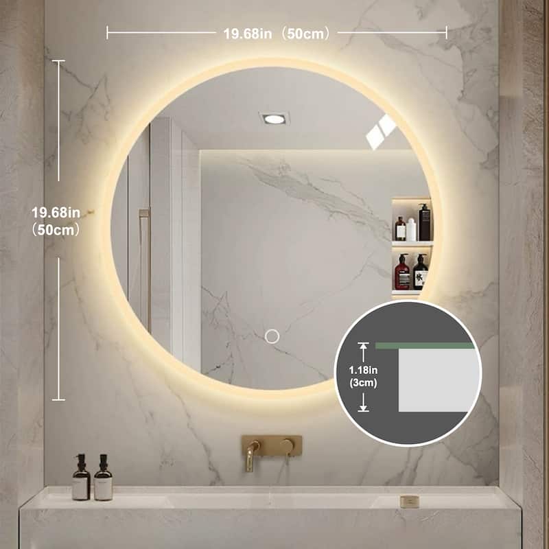 Round LED Bathroom Mirror - Wall-Mounted, Adjustable Color Temperature, Dimming - Silver