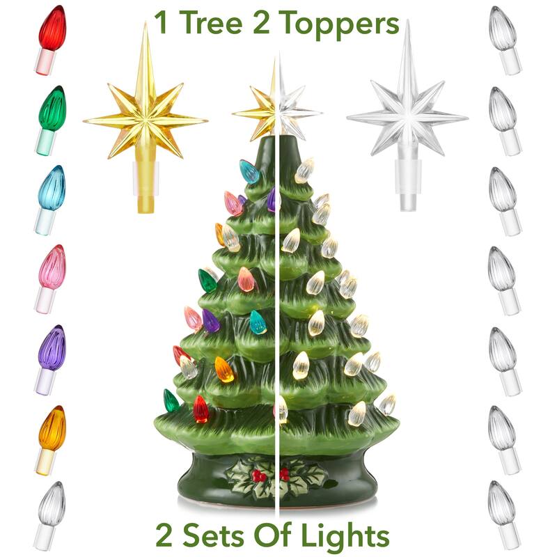 12in Hand Painted Ceramic Christmas Tree PreLit Tree with Star