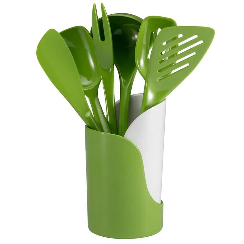 Hutzler 7-Piece Mini Melamine Cooking Utensils and Storage Crock Set, Includes 7.5 Inch Long Fork, Slotted Spoon,... - Green