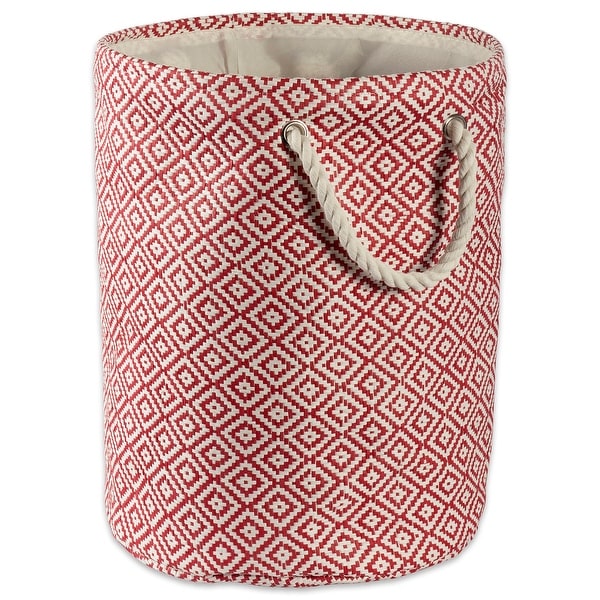 14" Rust Red and Ivory Geo Diamond Patterned Small Round Bin with Rope Handles - N/A