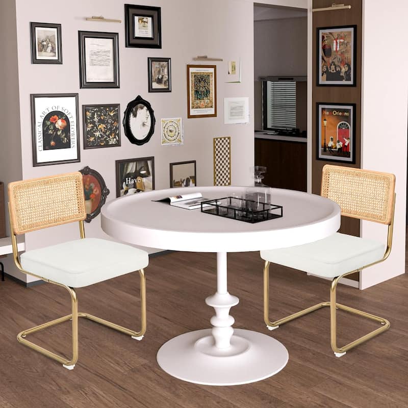 CangLong Velvet Upholstered Side Chair with Cane Rattan Back (Set of 2),White