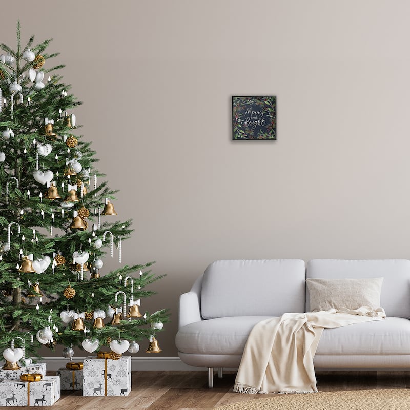 Stupell Merry & Bright with Holly Leaves Framed Giclee Art Design By Elizabeth Tyndall