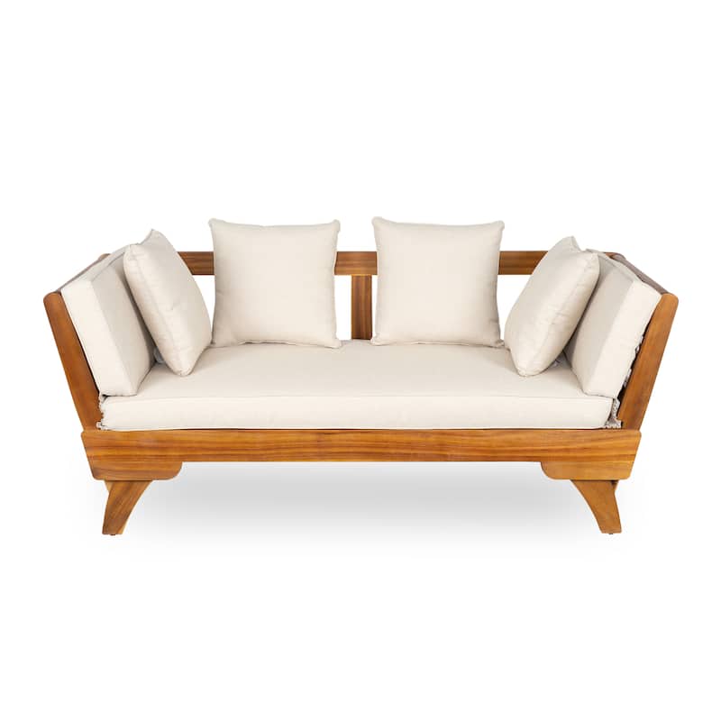 Roomfitters Outdoor Patio Daybed Sofa with Foldable Armrests, 3-Seat Acacia Wood Frame, Removable Beige Cushions