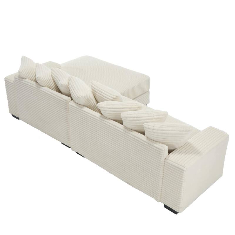 111" Corduroy L-Shape Sectional Sofa with Right Chaise, 8 Throw Pillows and Square Armrests