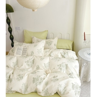 Janet Powder Green100% Cotton Floral Reversible Duvet Cover Set Queen/Full