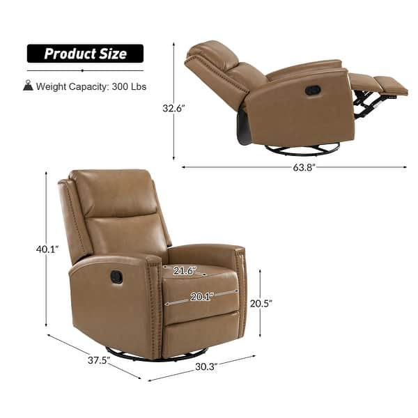 dimension image slide 1 of 12, Fiacro 30.31" Genuine Leather Wingback Swivel Rocker Recliner with Nailhead Trim
