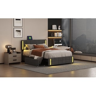 Queen Bed Frame with 4 Drawers Soft Headboard LED Lights USB Charging ...