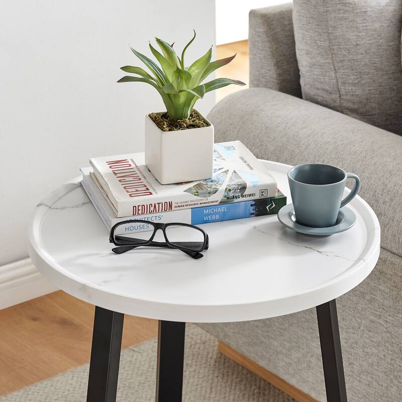 Harper Round Raised Lip Edge Side Accent Table with Mid-century Modern Crossed Metal Bold Pedestal Legs