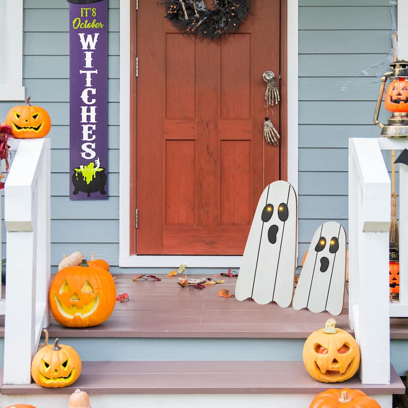 Glitzhome S/2 24"H & 17.75"H Halloween Lighted Wood Ghost Porch Decor
