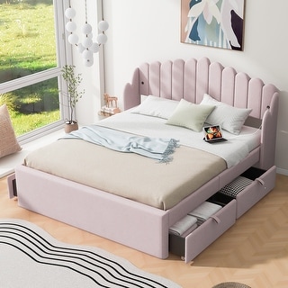 Queen Upholstered Bed with Four Drawers and USB Charging Ports