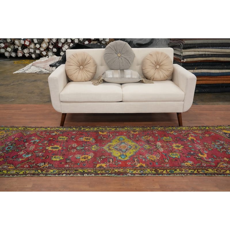 Hand Knotted Oriental 100% Wool Carpet Traditional Floral Pink Heriz Runner Rug - 9' 9'' X 3' 1''