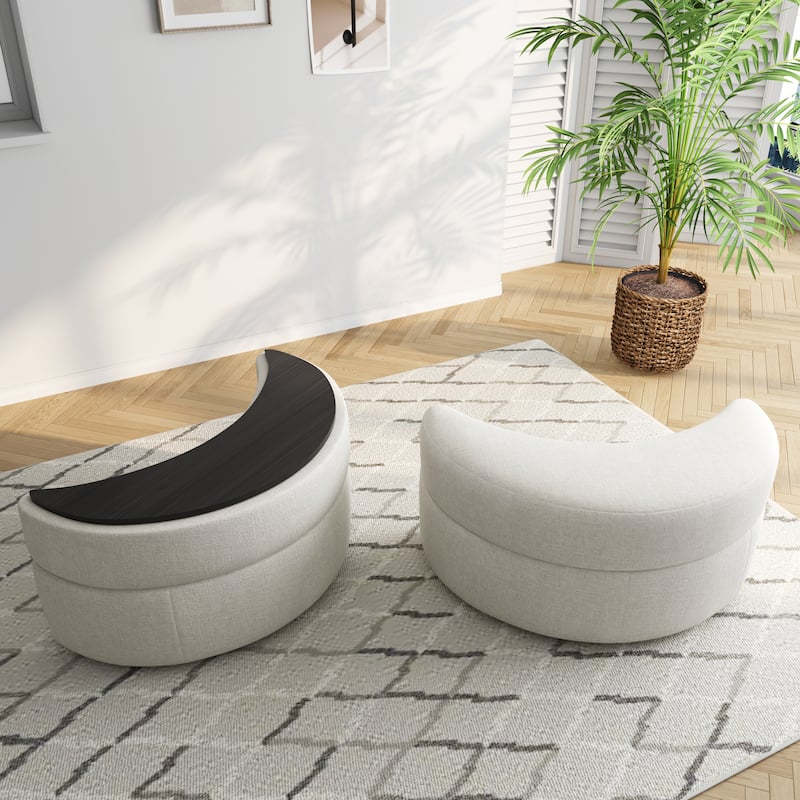 Upholstered Half Moon Storage Ottoman with Tray Set of 2 - Chenille - Beige/Chenille