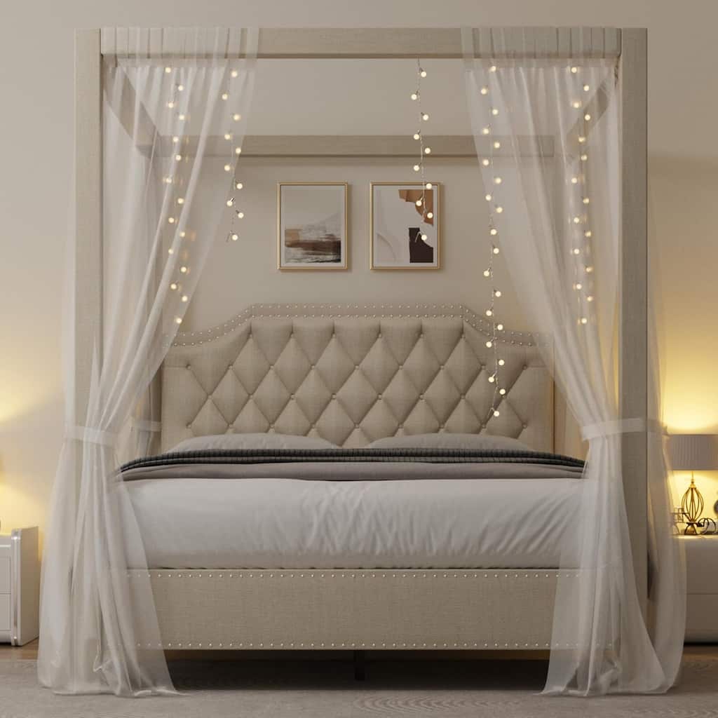 Canopy Platform Bed with Tufted Upholstered Headboard, Four-Poster Frame & Slide Rail, No Box Spring Needed