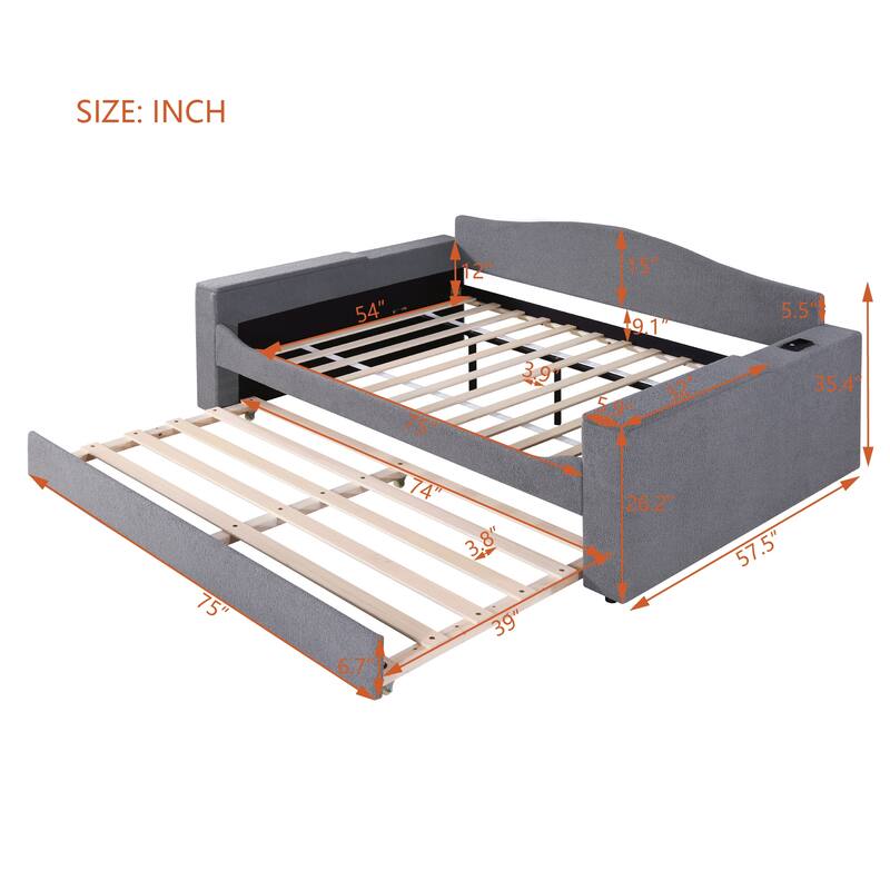 Upholstered Daybed with Storage Armrests,Trundle and Latest Integrated Bluetooth Audio System