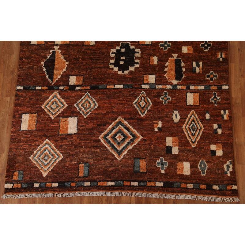 Hand Knotted Oriental 100% Wool Carpet Modern Tribal Brown Moroccan Area Rug - 9' 6'' X 6' 9''